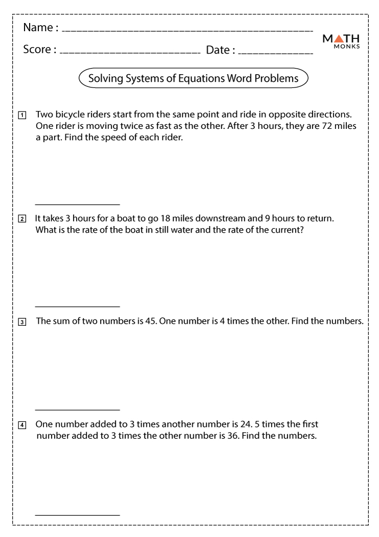 Systems Of Equations Word Problems Worksheet For 9Th 11Th Grade Worksheets Library