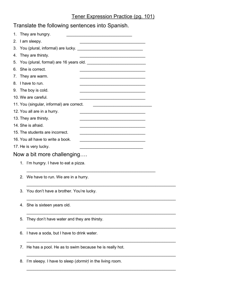 Tener Worksheet Pdf