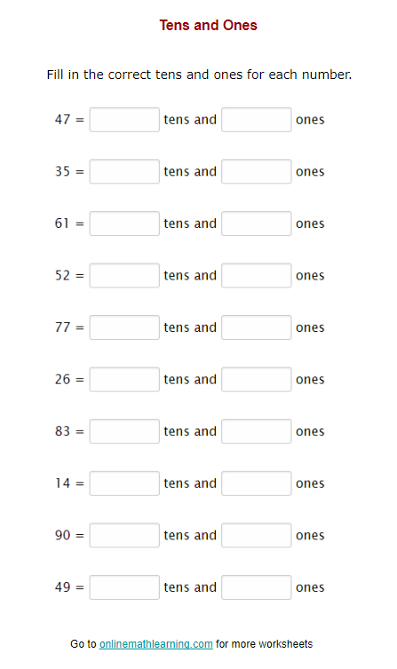 Tens And Ones Worksheets Grade 1 Printable Word Searches