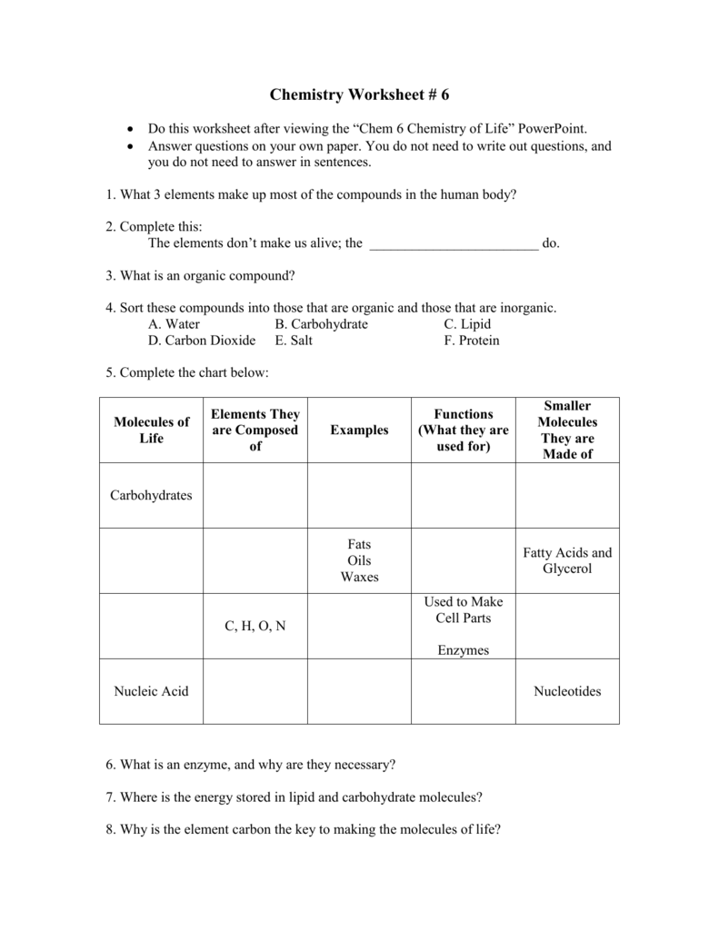 The Chemistry Of Life Worksheet E Streetlight Com