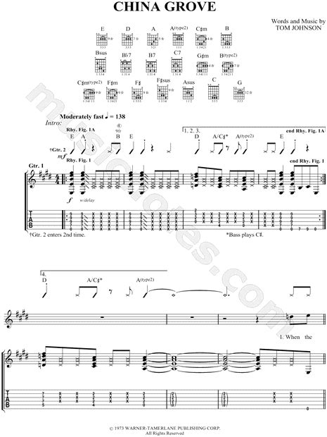 The Doobie Brothers China Grove Guitar Tab In E Major Download Print Sku Mn0048742