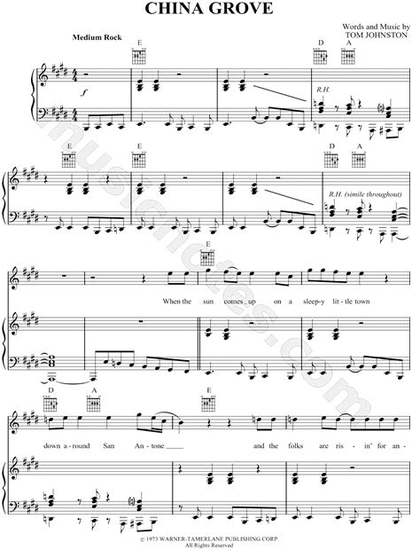 The Doobie Brothers China Grove Sheet Music In E Major Transposable Download Print