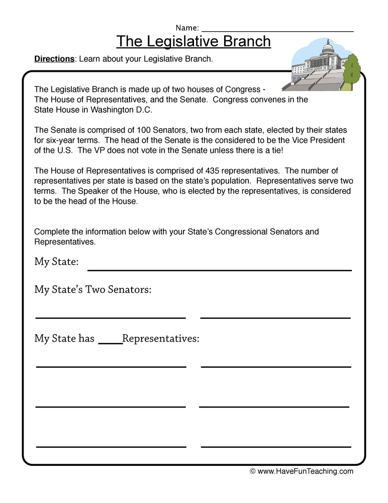 The Legislative Branch Worksheet