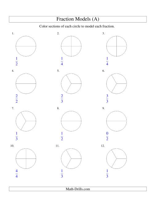 The Modeling Fractions With Circles By Coloring Halves Thirds And