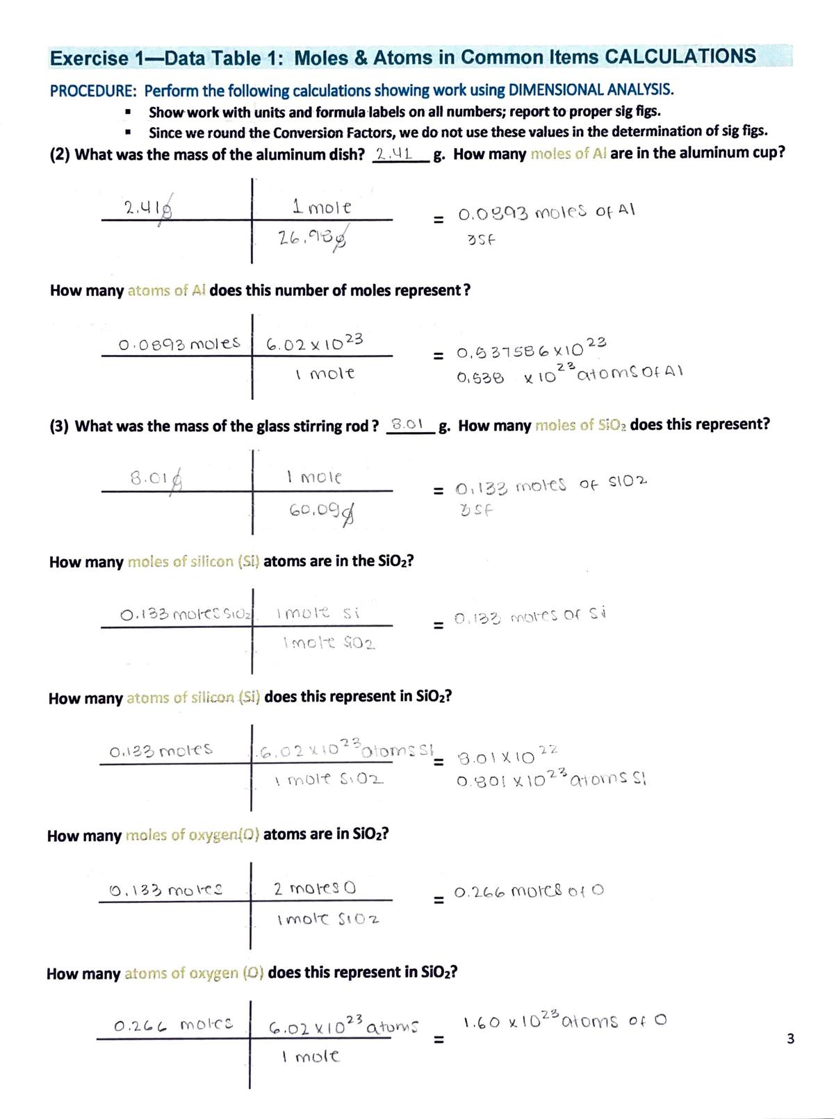 The Mole Lab Calculations Template Exercise 1 Data Table 1 Moles