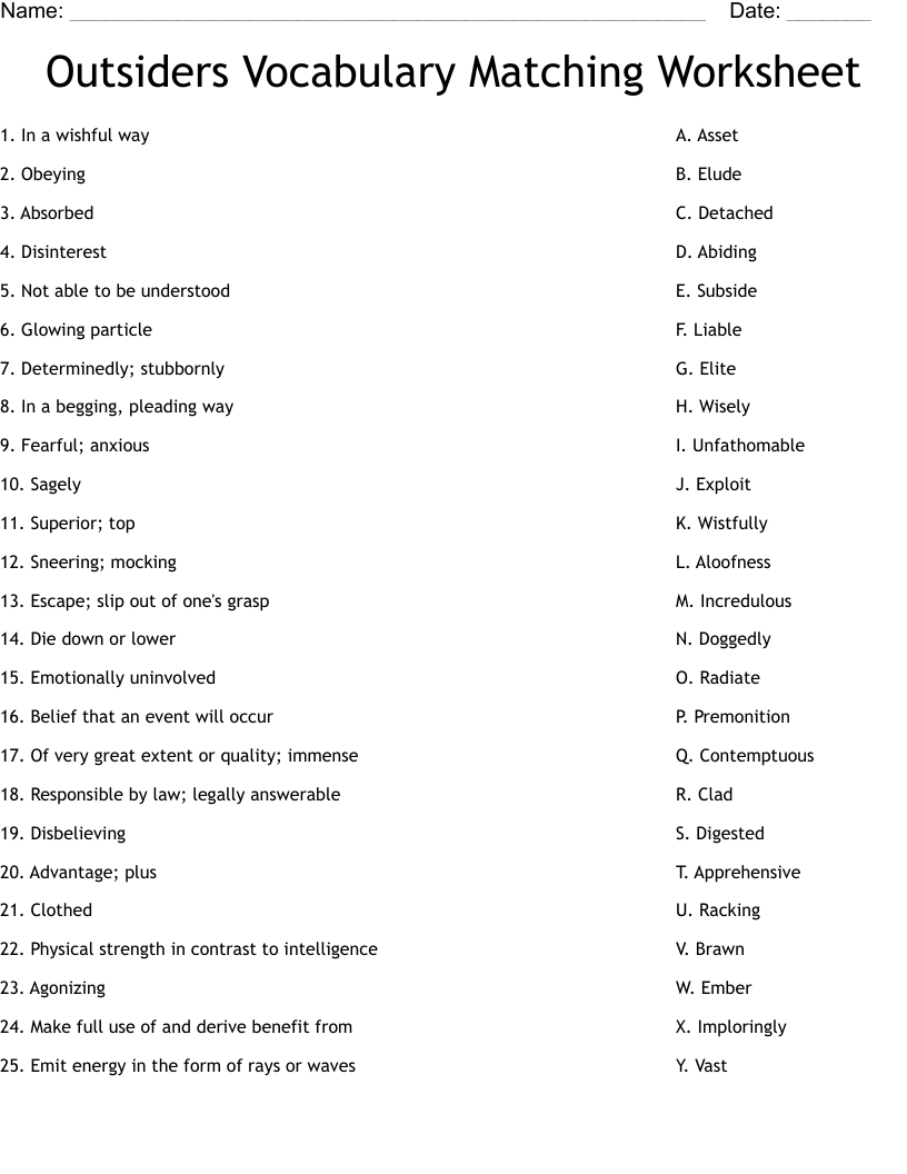 The Outsiders Vocabulary Worksheet Englishbix