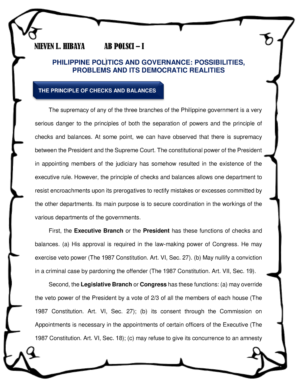 The Principle Of Checks And Balances Philippine Pol Itics And Governance Possibilities