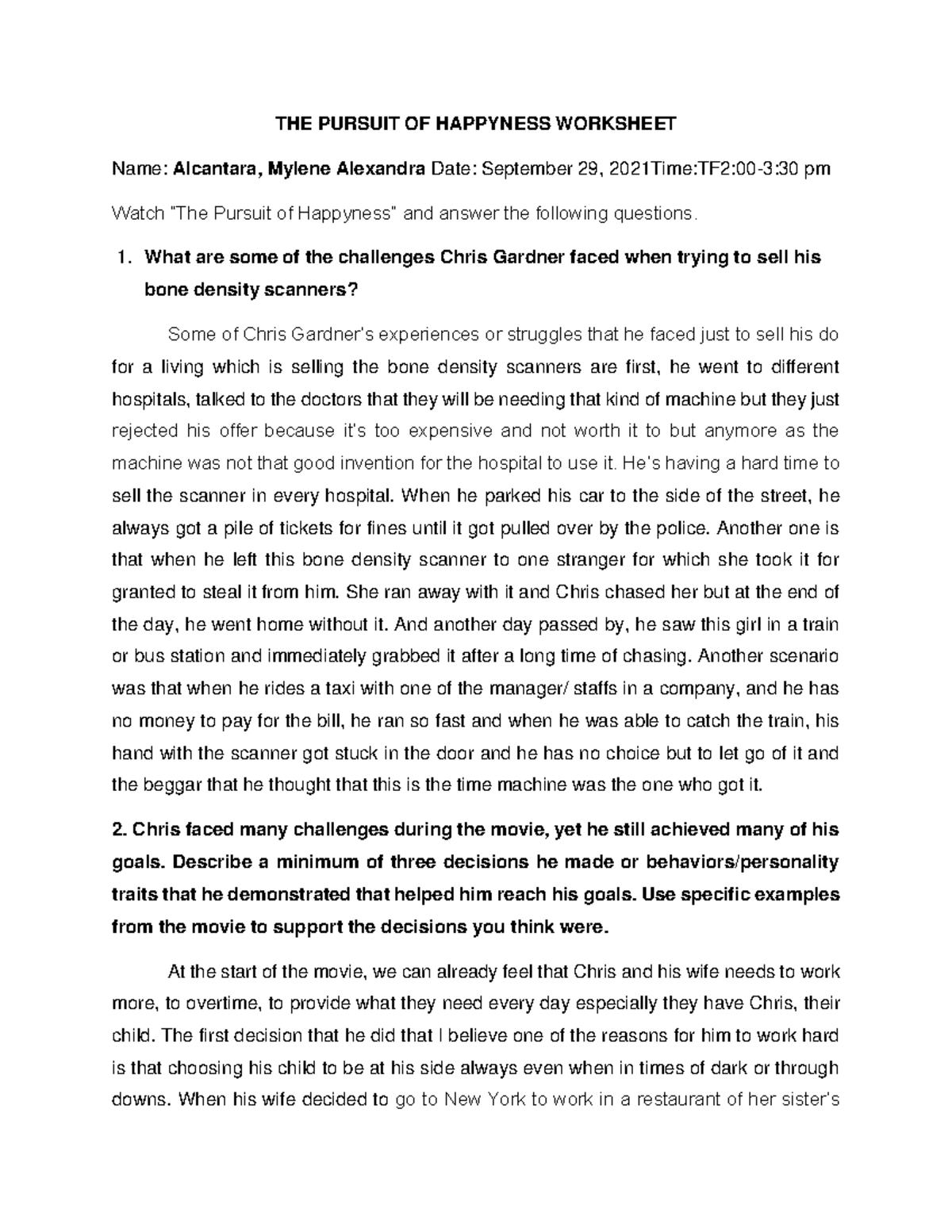 The Pursuit Of Happyness Worksheet With Answer And Reflection About The