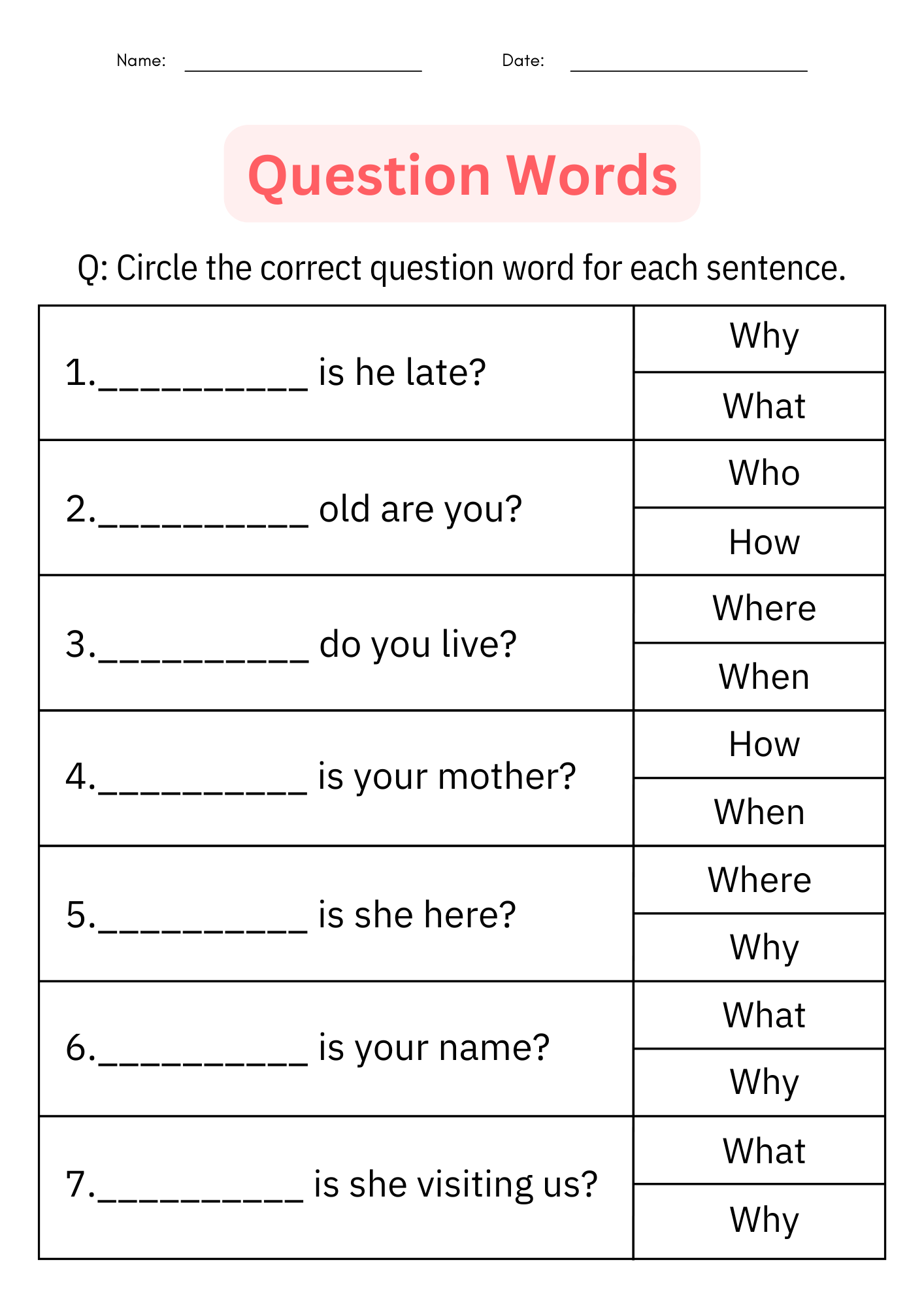 The Question Words Worksheet For Students To Use In Their Language