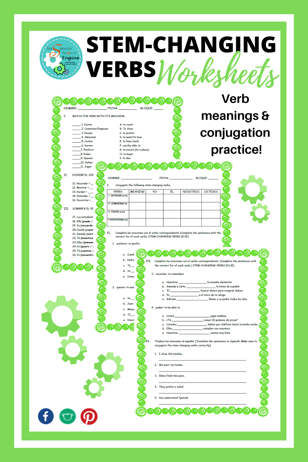 The Stem Changing Worksheets Are Shown In Green