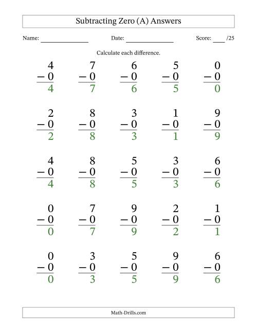 The Subtracting Zero 0 With Differences 0 To 9 25 Questions A Math Worksheet Subtraction