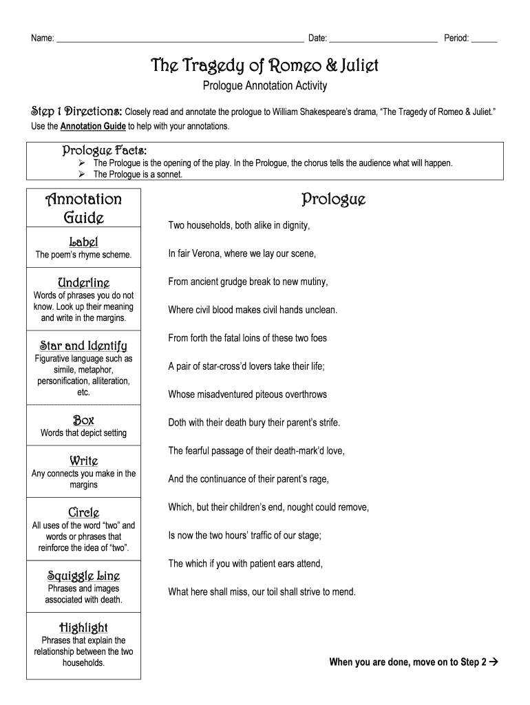 The Tragedy Of Romeo And Juliet Prologue Annotation Activity Fill