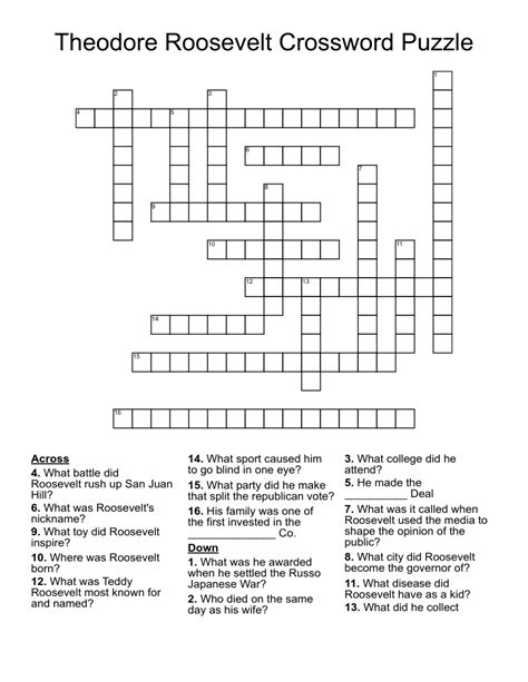 Theodore Roosevelt Crossword Wordmint