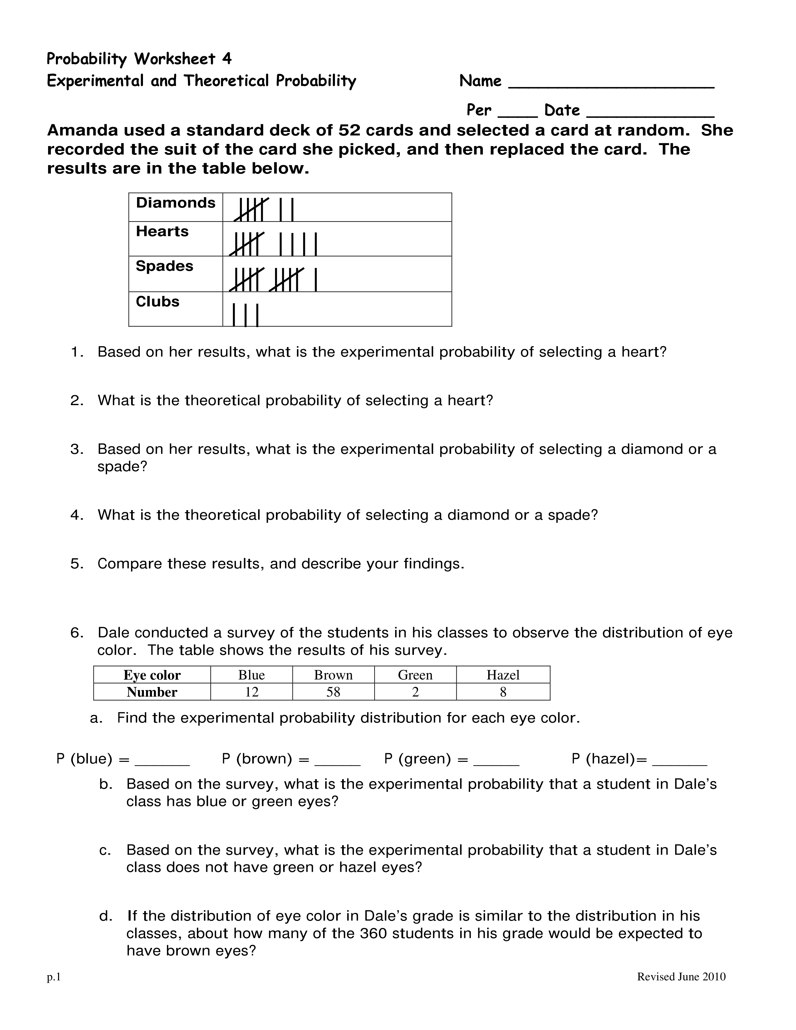 Theoretical And Experimental Probability Worksheet By The Sassy Math