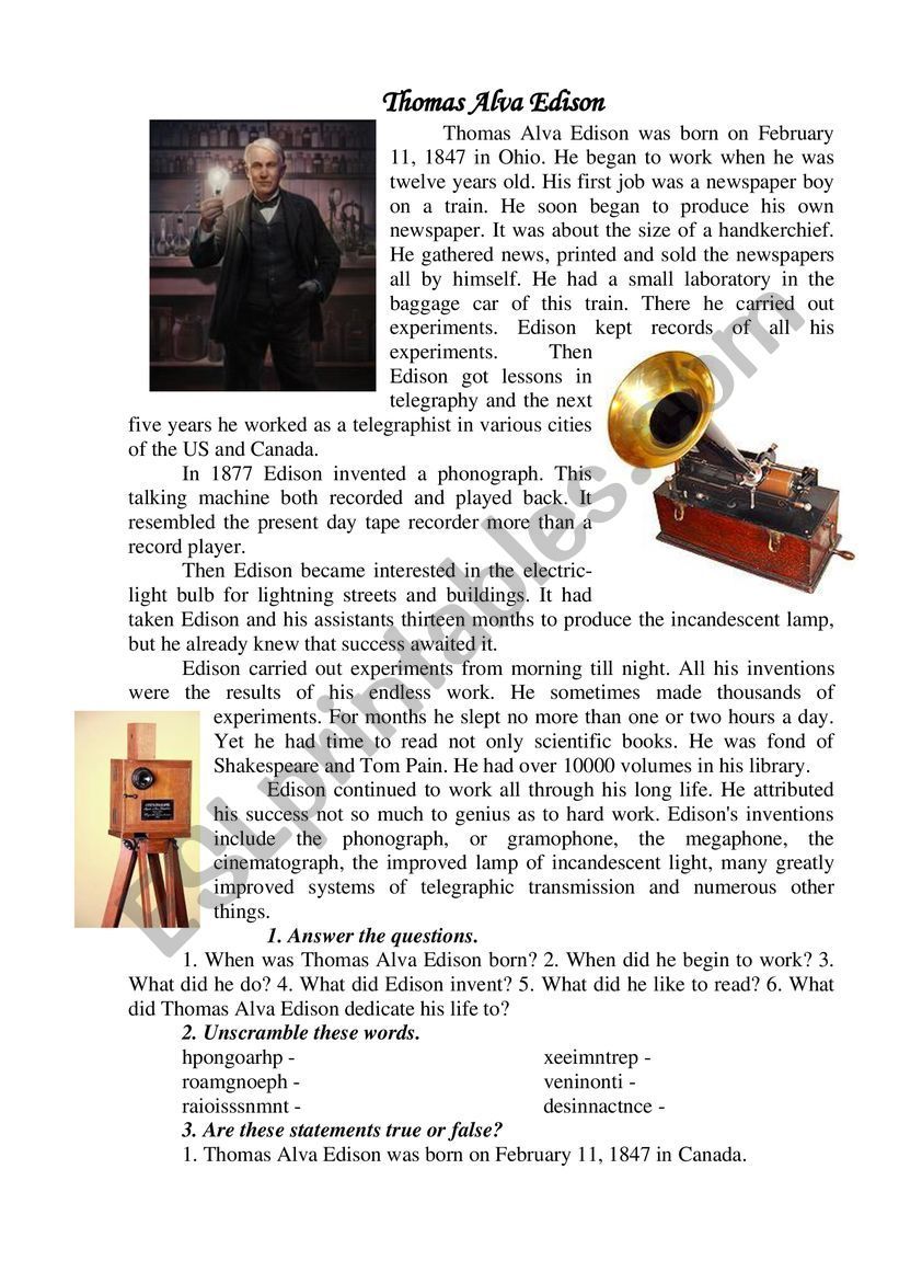 Thomas Alva Edison Esl Worksheet By Irinkaenglish