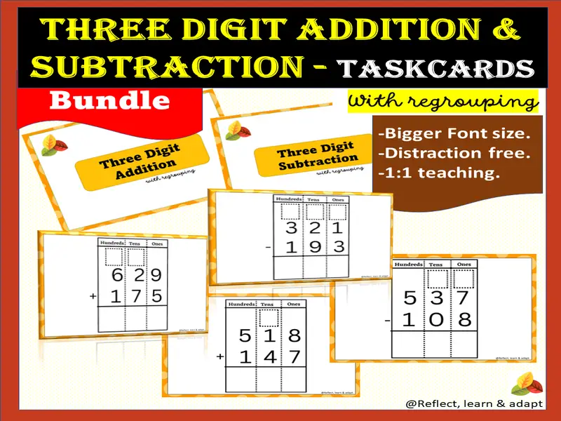 Three Digit Addition And Subtraction With Regrouping Taskcards Bundle