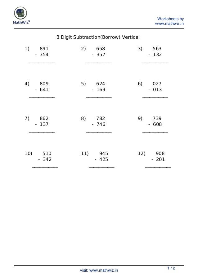 Three Digit Borrowing Subtractions Maths Worksheets