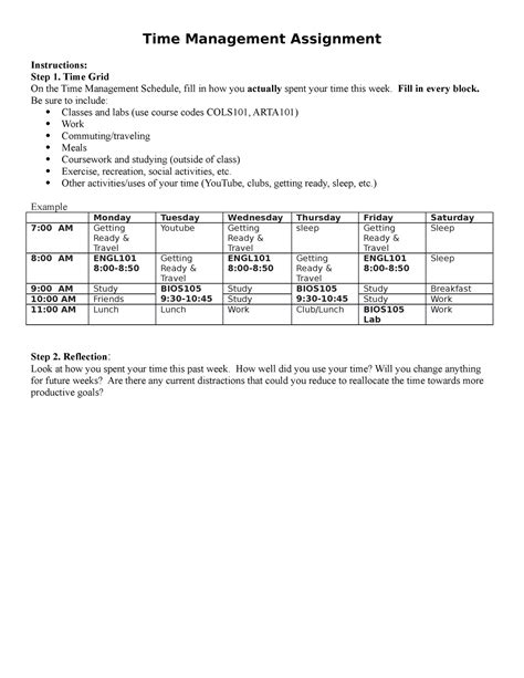 Time Management Assignment Time Management Assignment Instructions Step 1 Time Grid On The