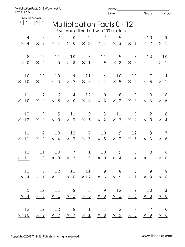 Timed Multiplication Drills 0 To 12 Times Tables Quiz Worksheets 25