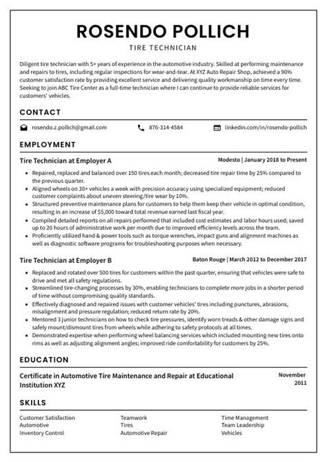 Tire Technician Resume Cv Example And Writing Guide