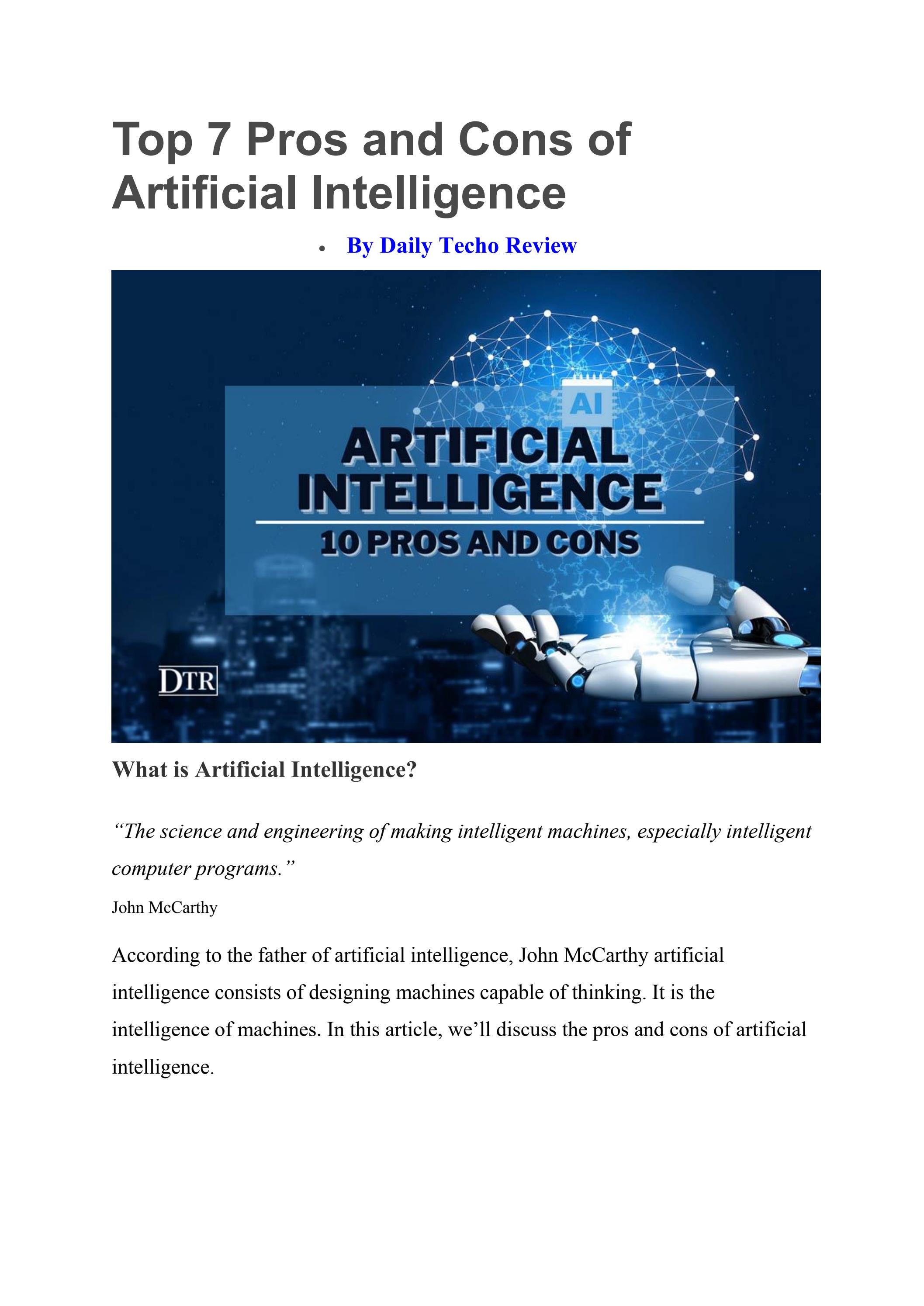 Top 7 Pros And Cons Of Artificial Intelligence By Daily Techno Review Issuu