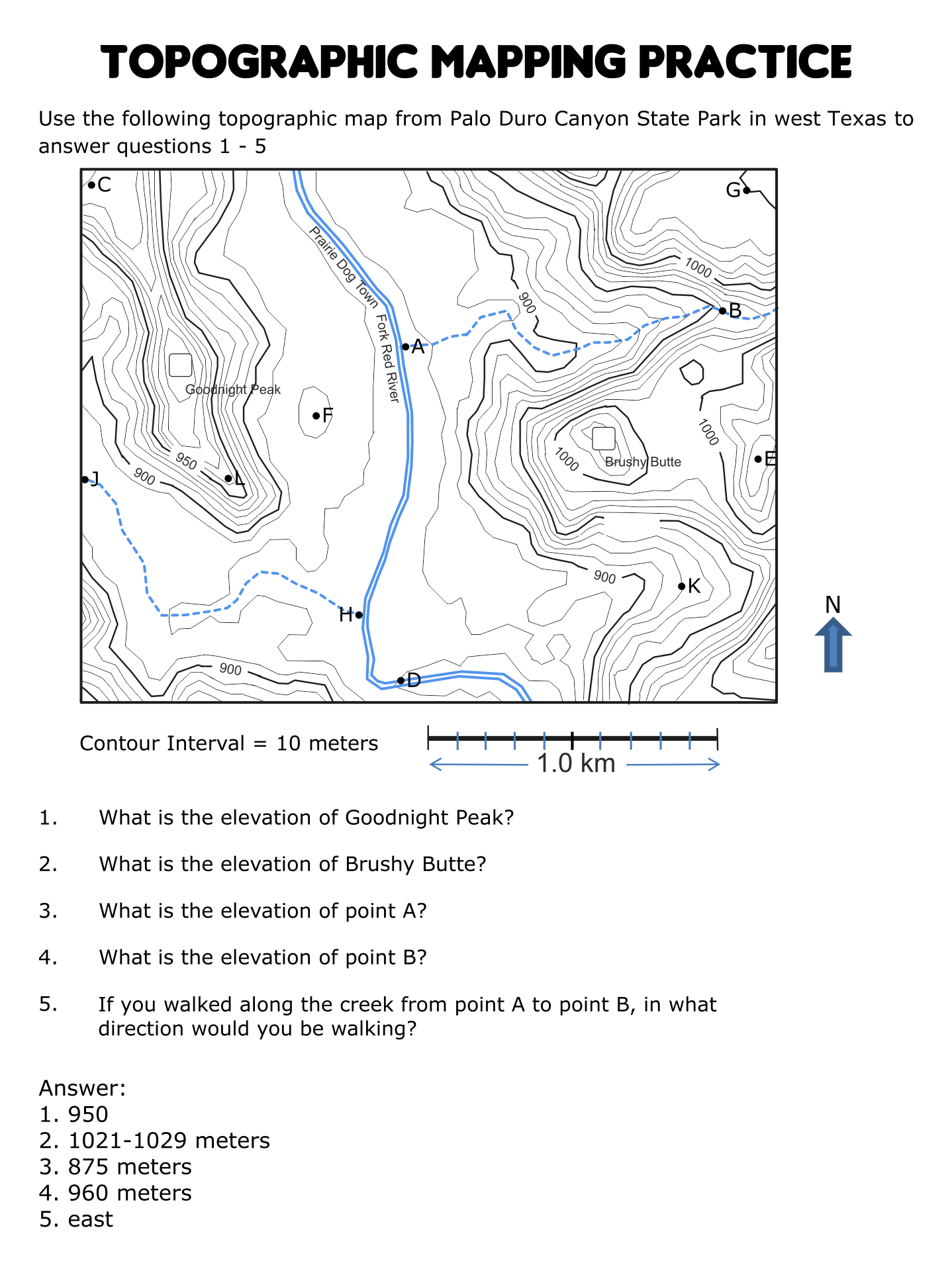 Topographic Map Reading Worksheet Answers E Street Light