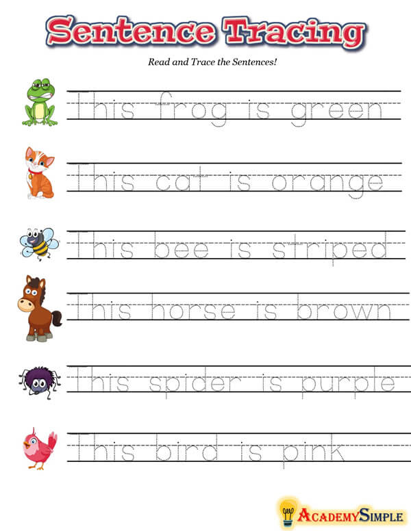 Tracing Simple Sentences Worksheets