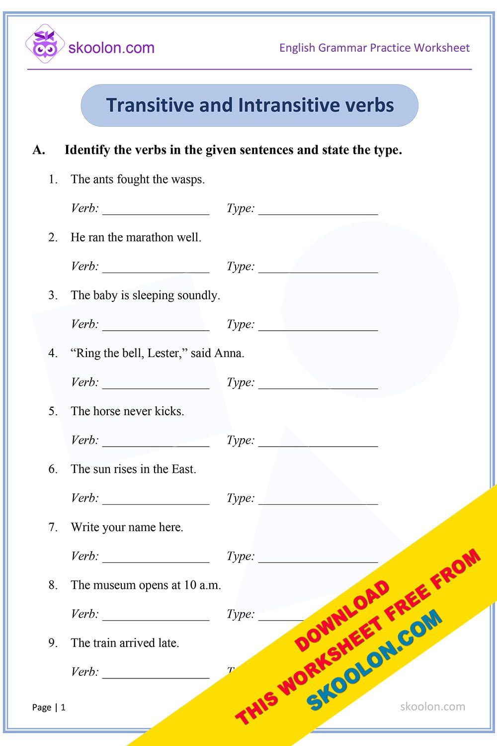 Transitive And Intransitive Verbs Worksheets For Grade 5 With Answers