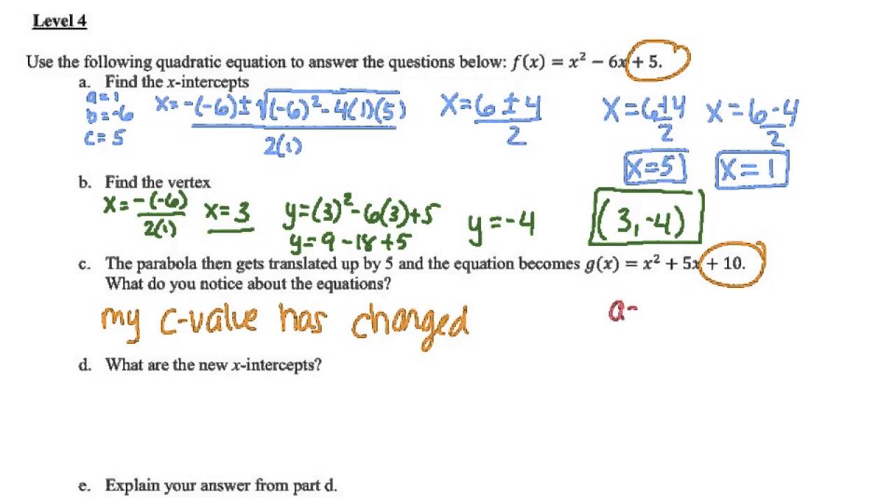 Translating Quadratic Equations Youtube