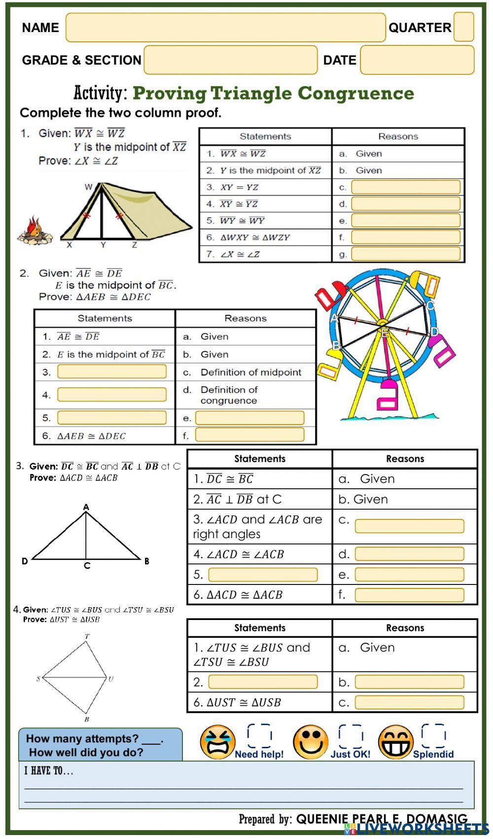 Triangle Congruence Theorems Worksheet Answers