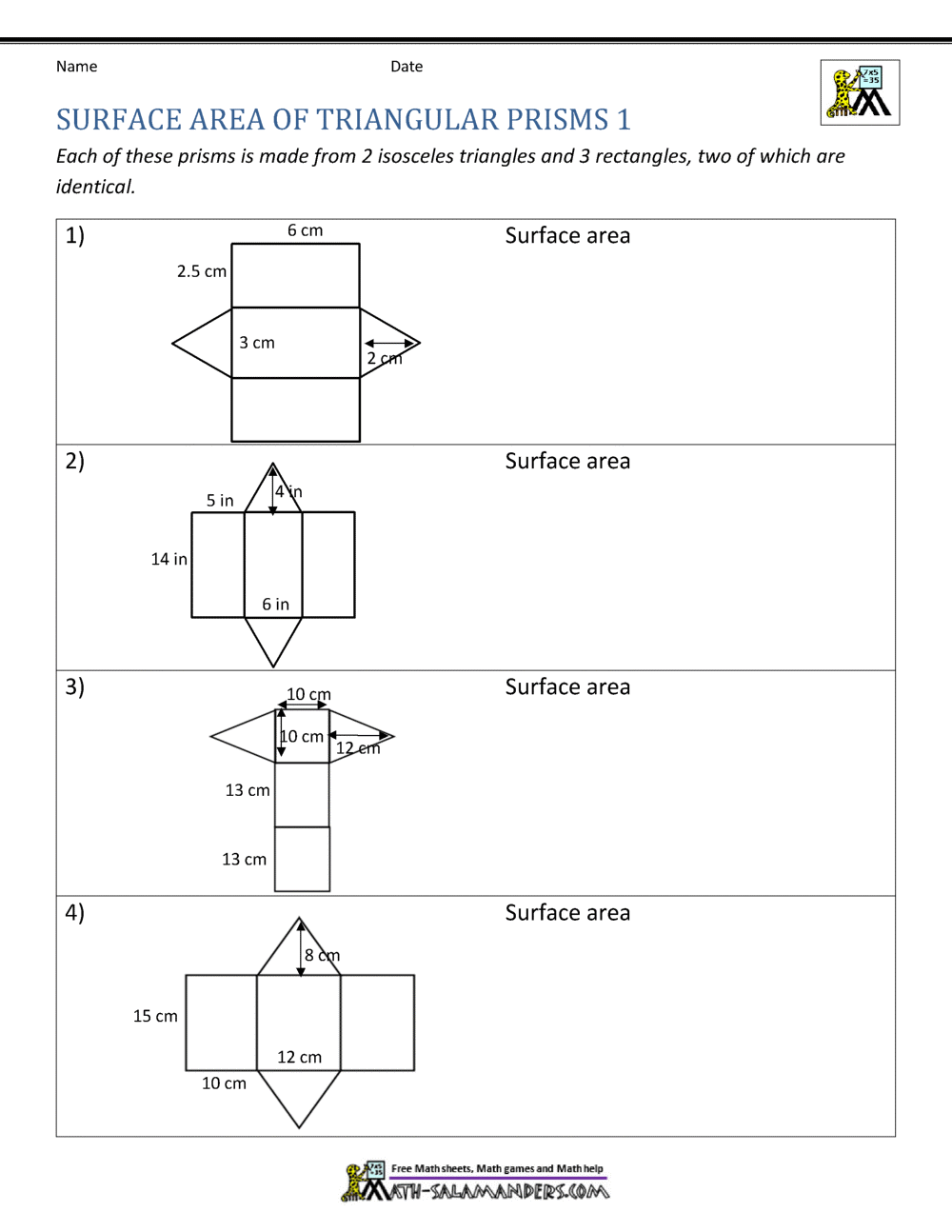 Triangular Prism Surface Area Worksheets