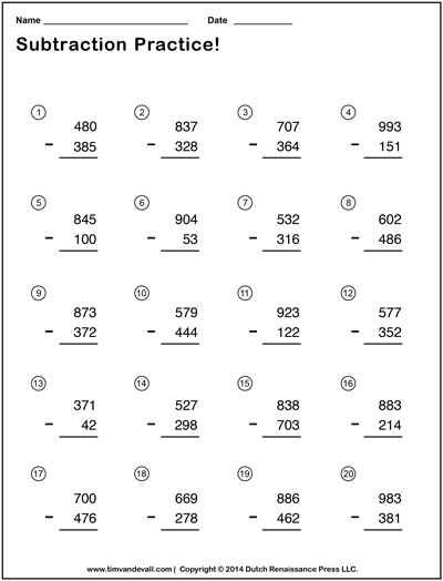 Triple Digit Subtraction Worksheets