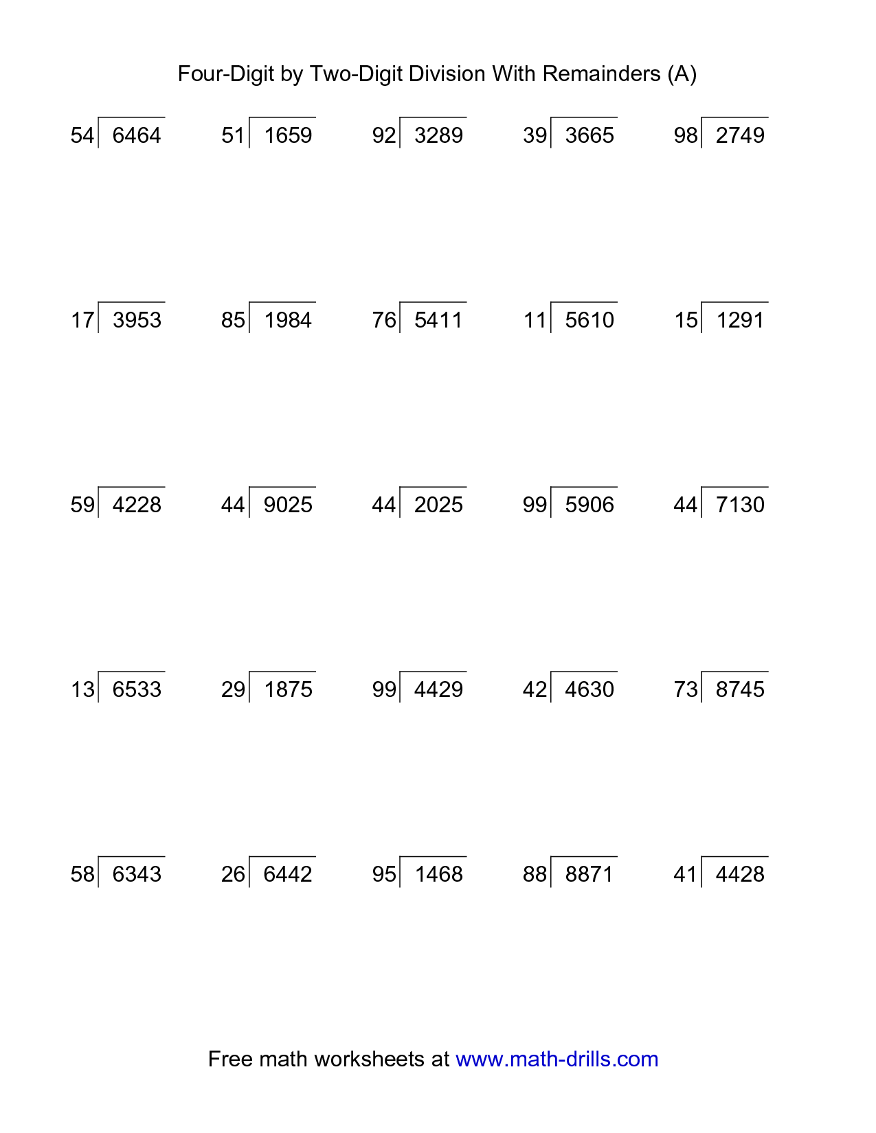 Two And Four Digit Divisions With Remainders Practice Myschoolsmath Com