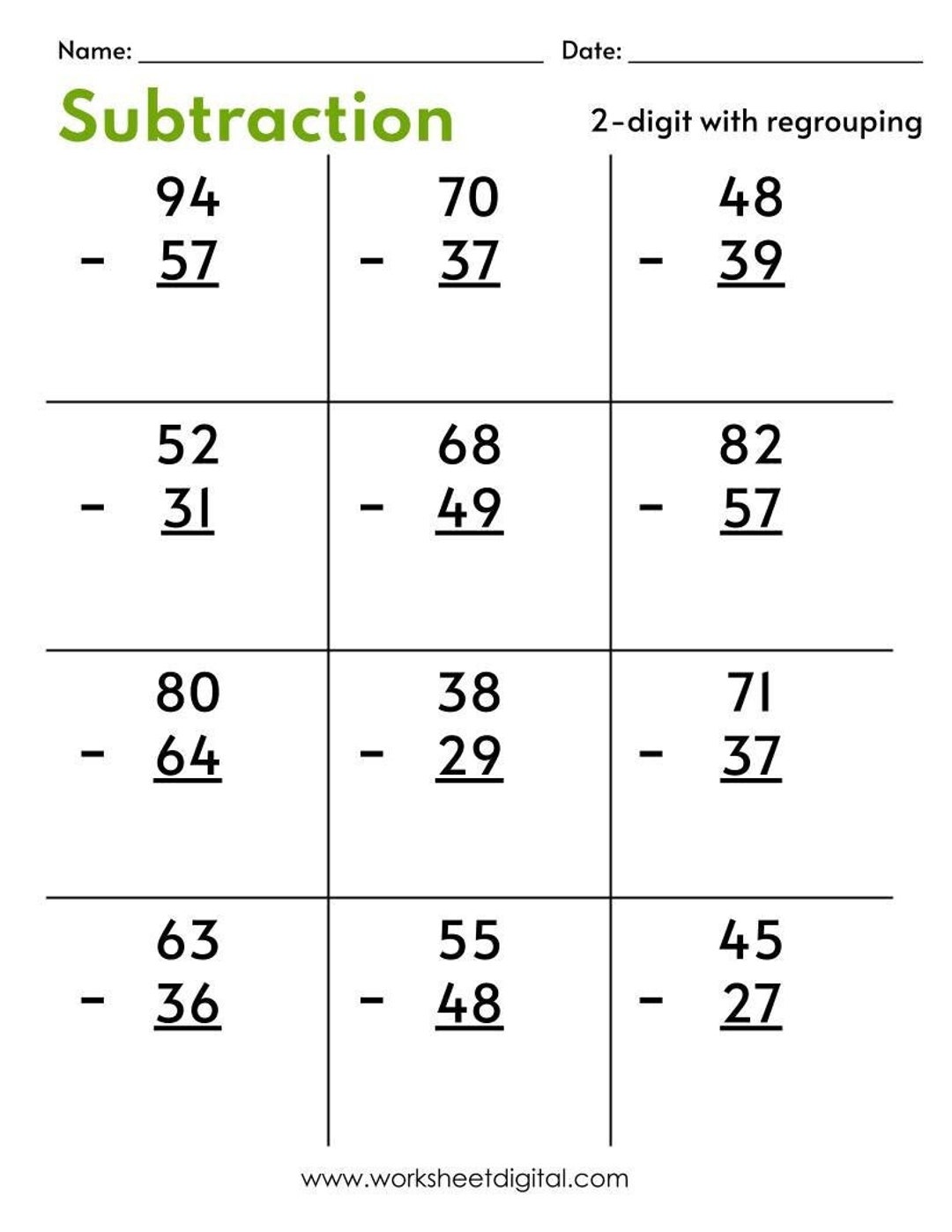 Two Digit Subtraction Worksheets 99Worksheets