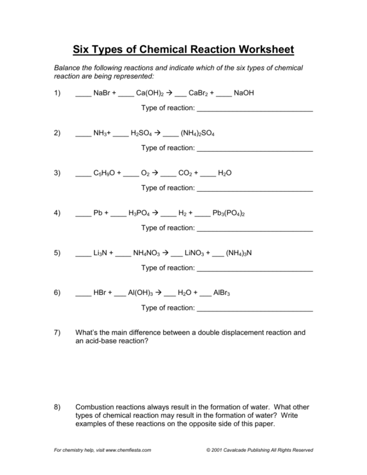 Types Of Chemical Reaction Worksheet Ch 7 Key