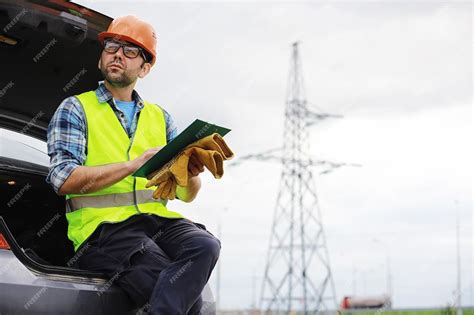 Un Hombre Con Casco Y Uniforme Un Electricista En El Campo Ingeniero Electricista Profesional