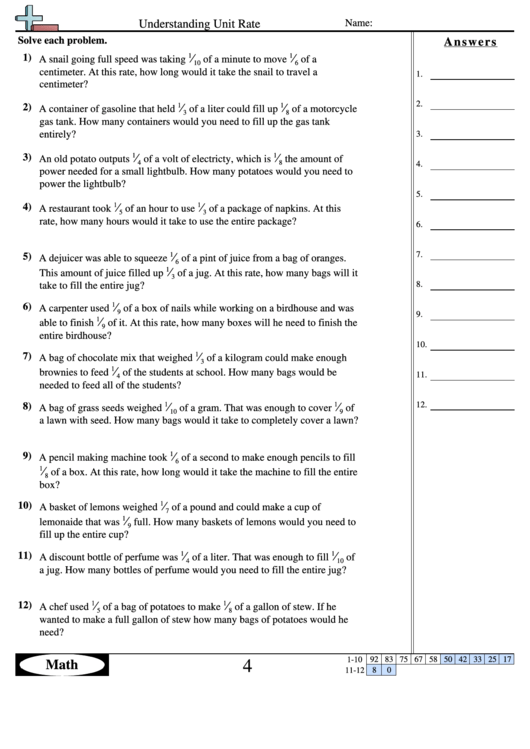 Understanding Unit Rates Worksheet