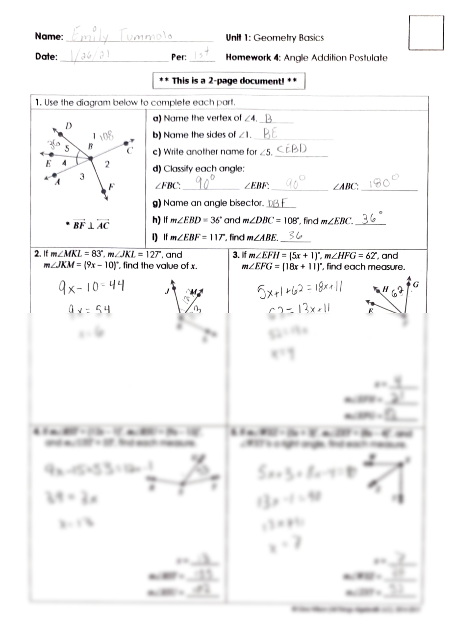 Unit 1 Geometry Basics Homework 2 Segment Addition Postulate I Answered Some Of These But