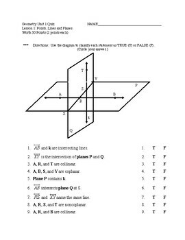 Unit 1 Quiz Lesson 1 Points Lines And Planes By Pk S Math Presentations