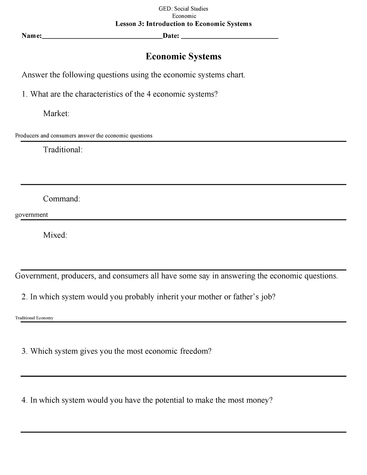 Unit 3 Economic Systems Worksheet Economic Lesson 3 Introduction To