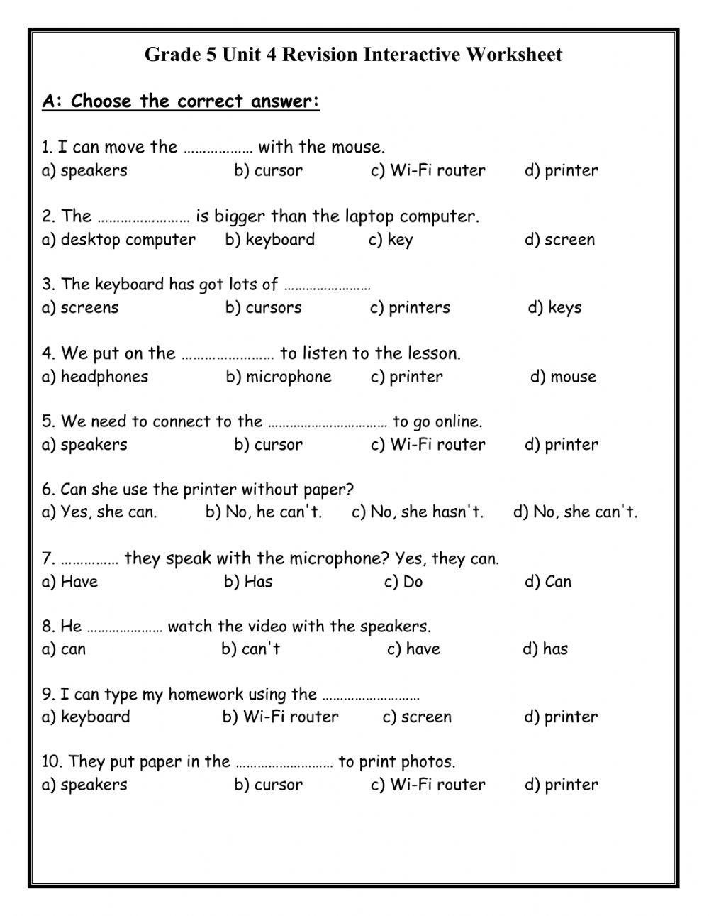 Unit 4 Revision Grade 5 Worksheet Live Worksheets