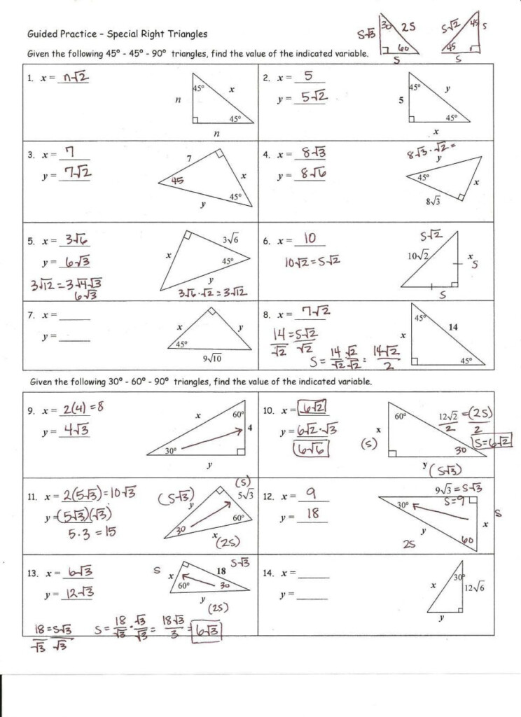 Unit 8 Right Triangles And Trigonometry Key Practice Worksheet Special Right Triangles Answers