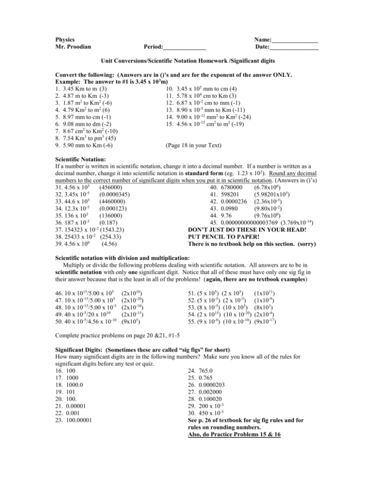 Unit Conversions Significant Digits Scientific Notation Homework