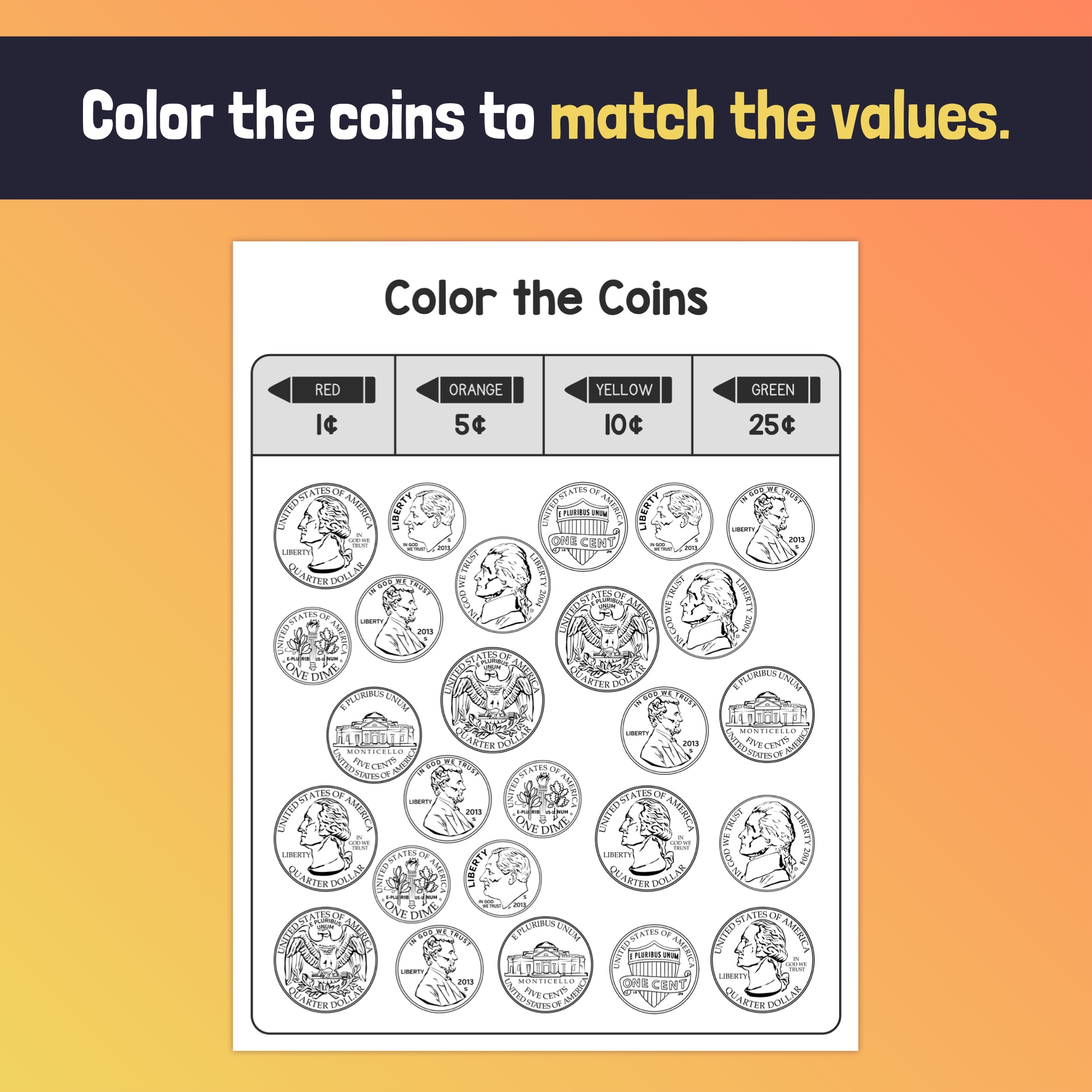 United States Coins Worksheet Activity Toddler Kids Etsy