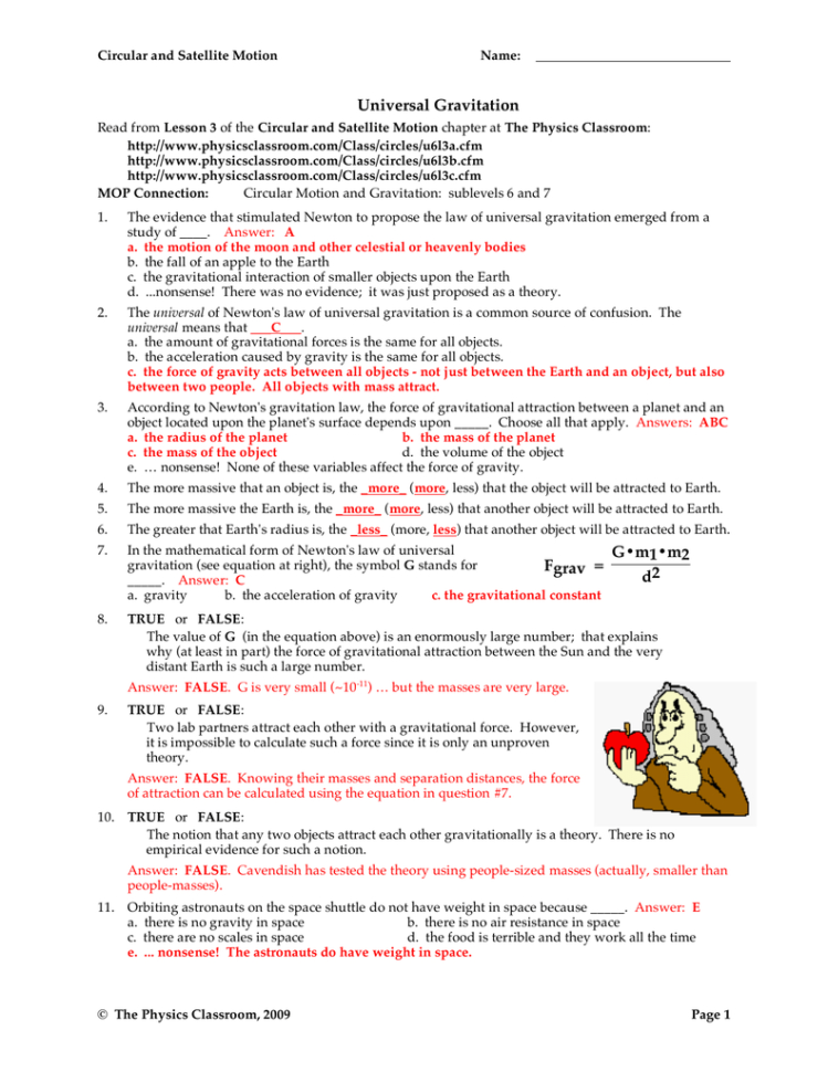 Universal Gravitation Worksheet Answers Ivuyteq