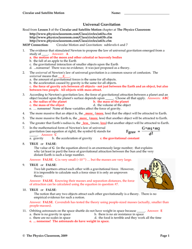 Universal Gravitation Worksheet Answers: A Comprehensive Guide