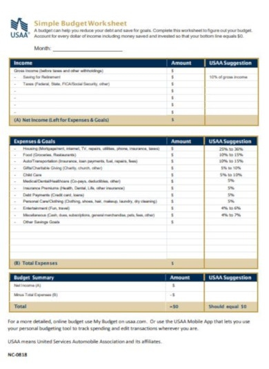 Usaa Budget Worksheet Printable Word Searches