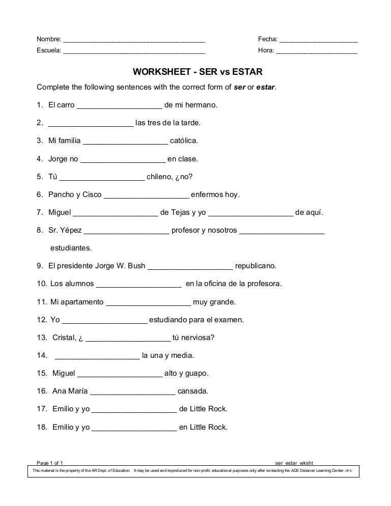 Use Of Ser And Estar Worksheets