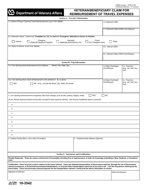 Va Form 10 3542 Veteran Beneficiary Claim For Reimbursement Of Travel Expenses Va Forms