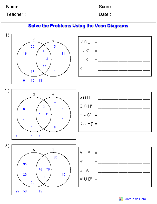 Venn Diagram Worksheets Set Notation Problems Using Two Sets Venn